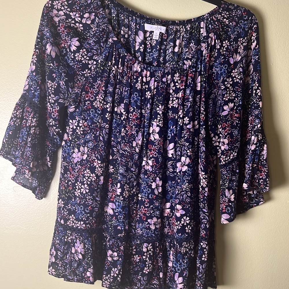 Fever Pink dark blue and White Ruffled bohemian Blouse with 3/4 Sleeves - Picture 2 of 6